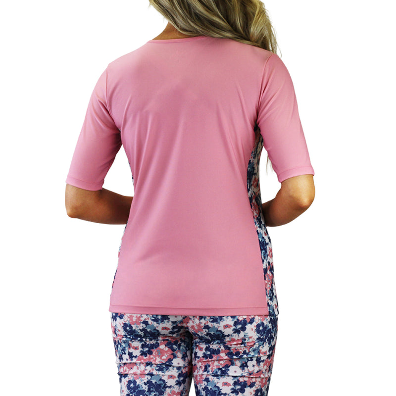 back of UV Skinz's women's short sleeve crew swim shirt in monet garden|monet-garden