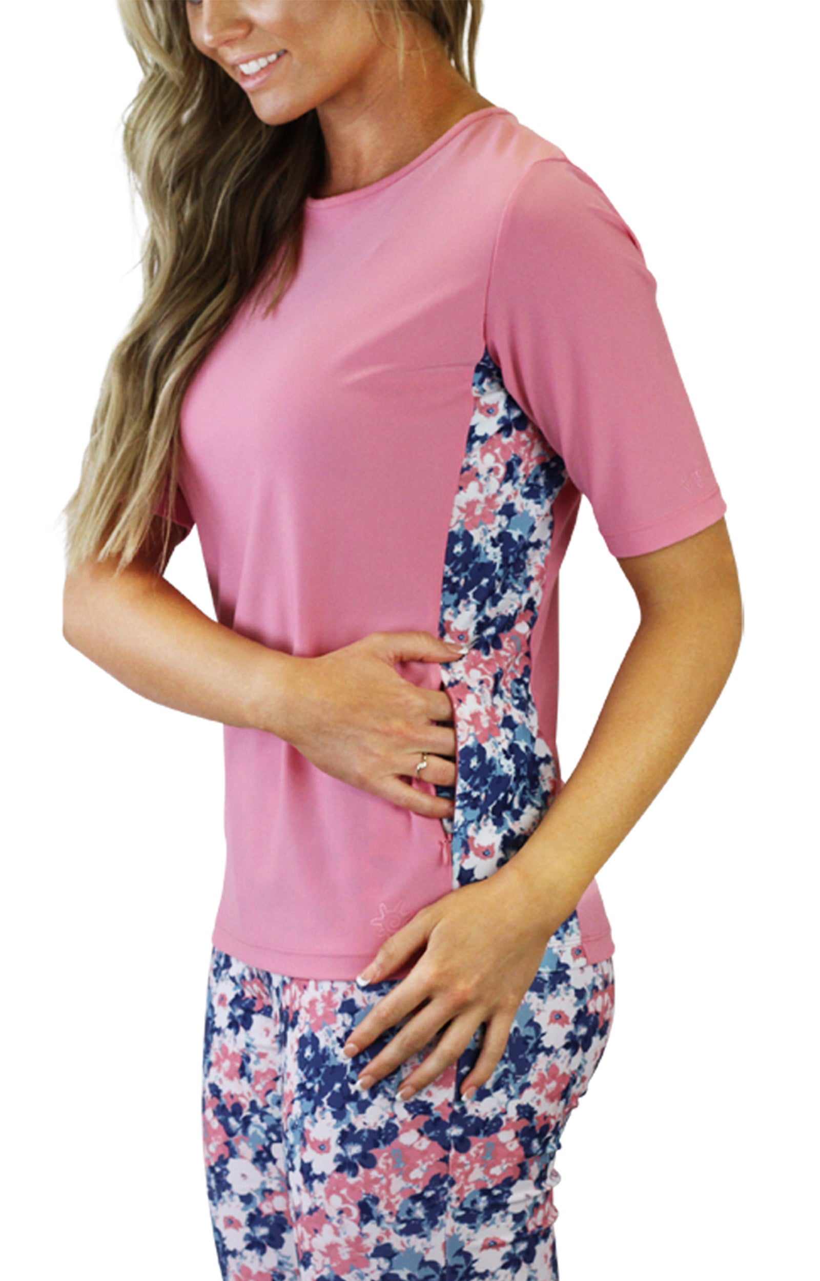 Side view of UV Skinz's women's short sleeve crew swim shirt in monet garden|monet-garden