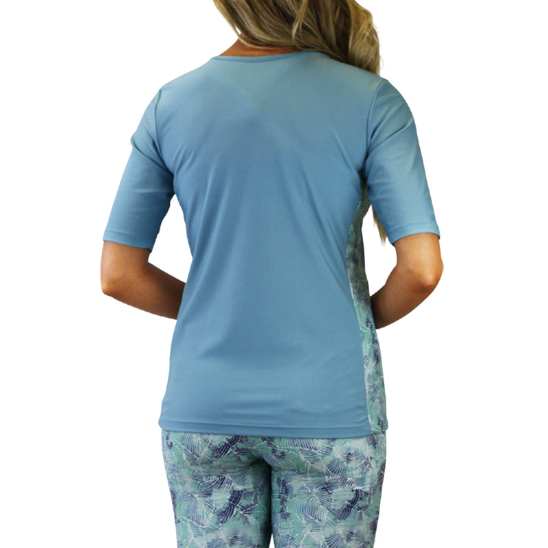 back of the women's short sleeve crew swim shirt in watercolor tie dye|watercolor-tie-dye