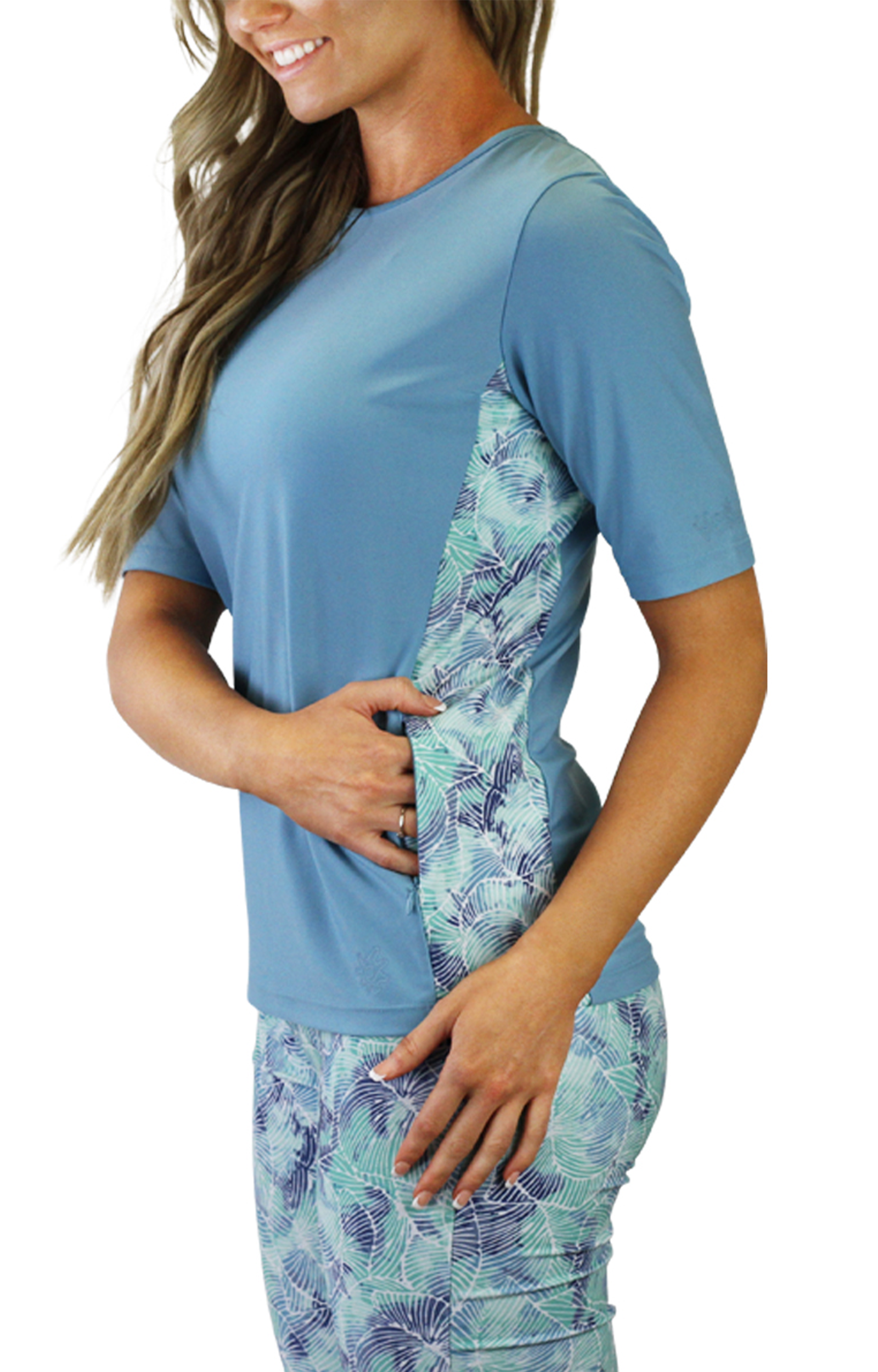 side view of the women's short sleeve crew swim shirt in watercolor tie dye|watercolor-tie-dye