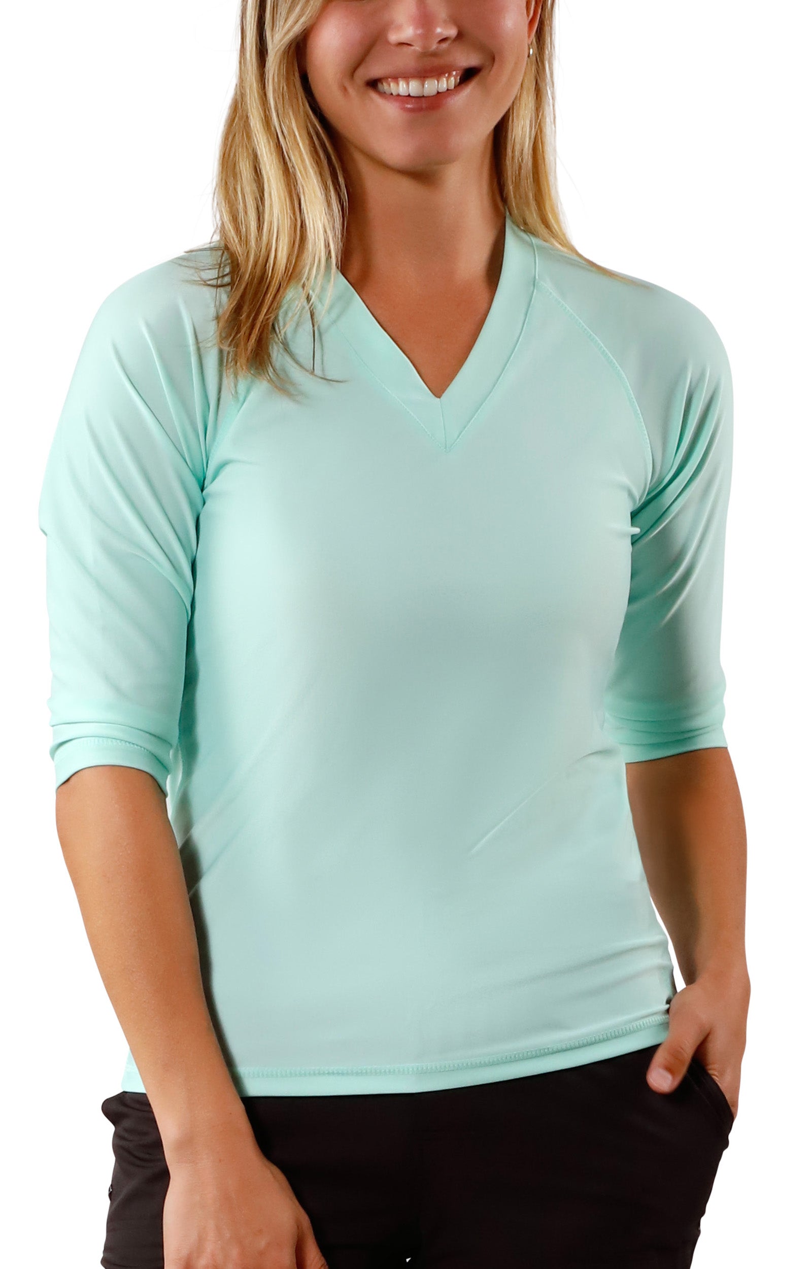 Women's front V-Neck Sun & Swim Shirt in Beach Glass|beach-glass
