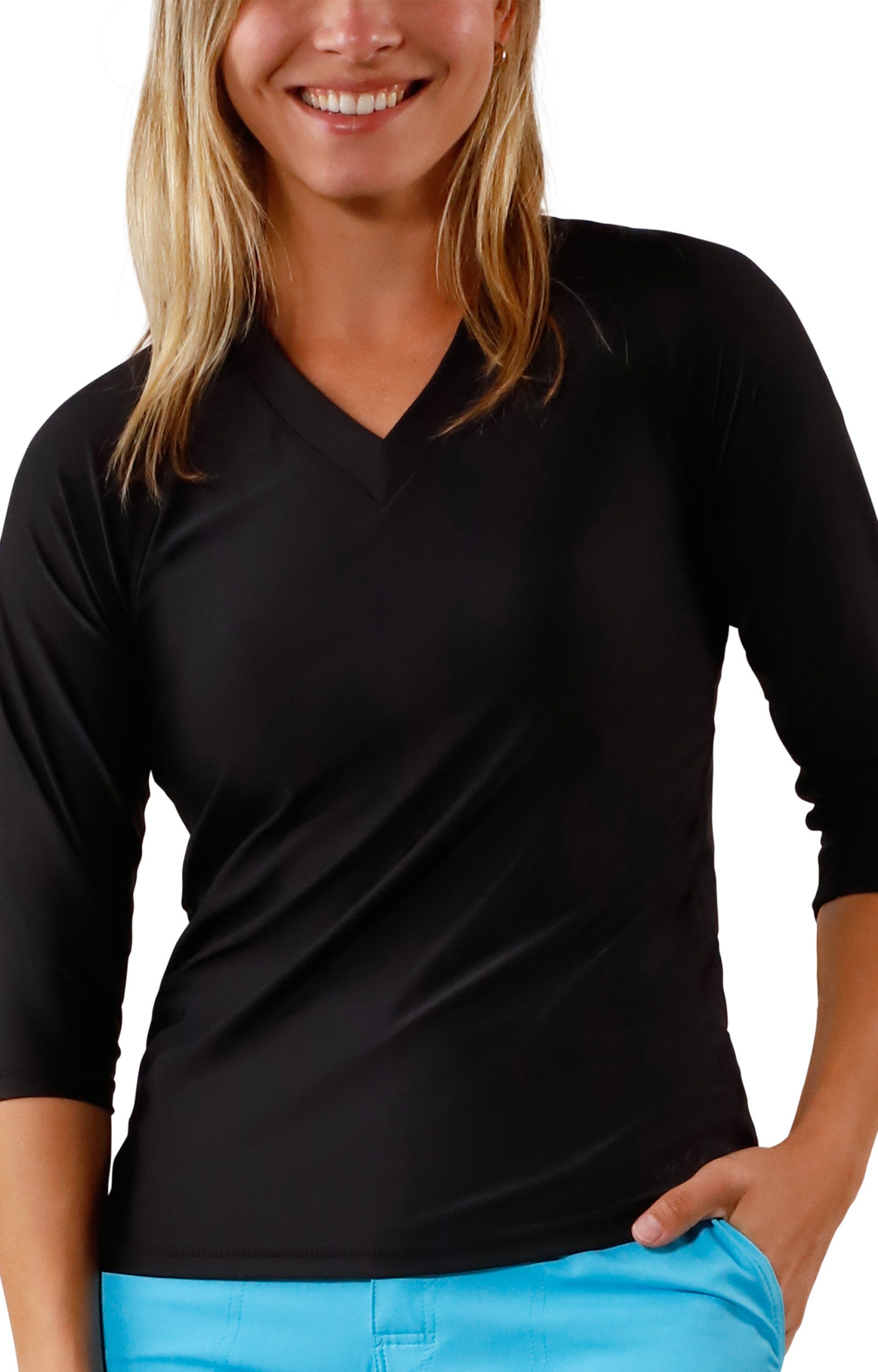 Women's front V-Neck Sun & Swim Shirt in Black|black
