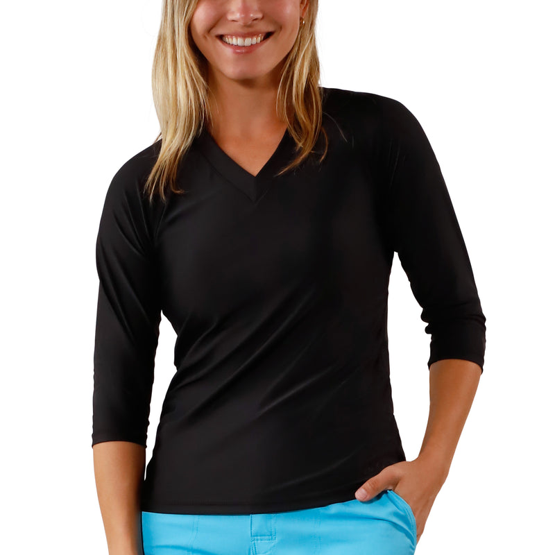 Women's front V-Neck Sun & Swim Shirt in Black|black