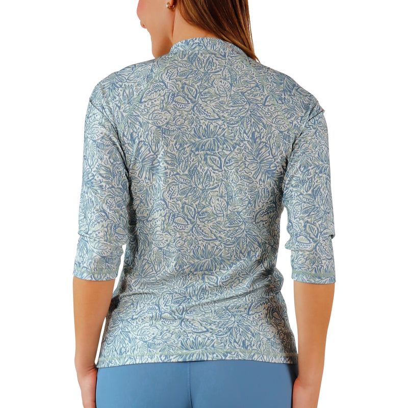back view of womens v-neck sun and swim shirt|botanical-garden