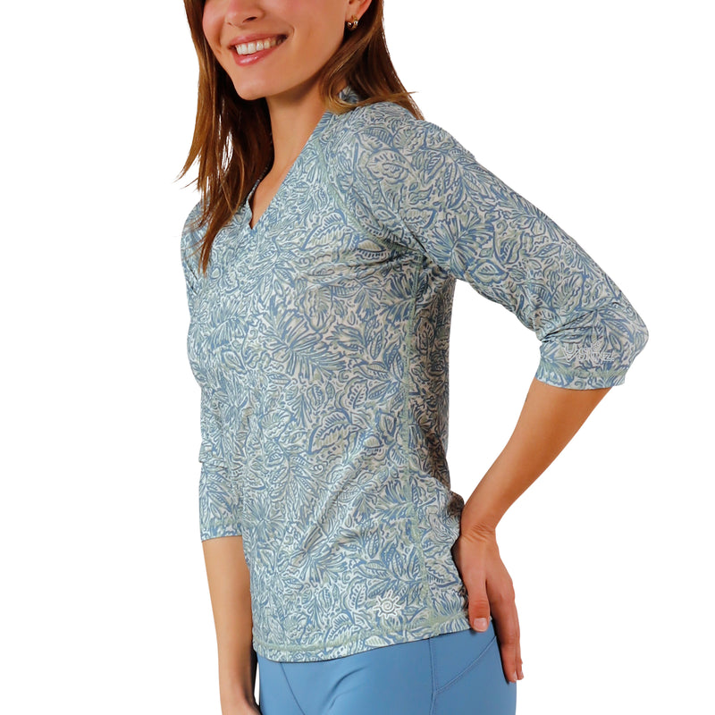 side view of womens v-neck sun and swim shirt|botanical-garden
