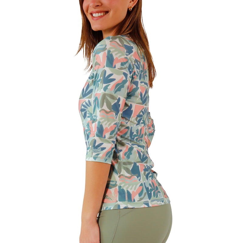 side view of womens v-neck sun and swim shirt|eden-reflection