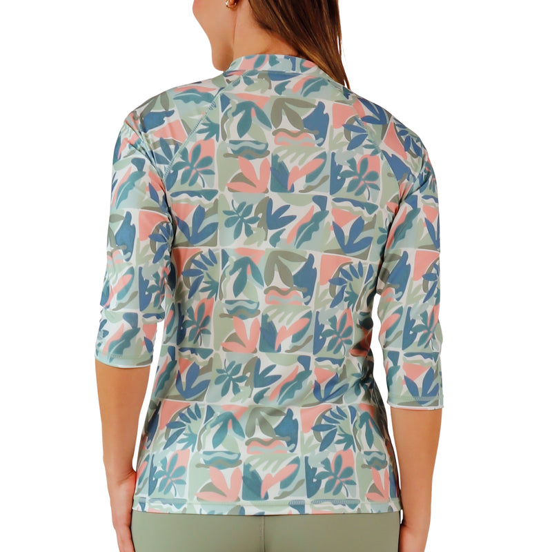 back view of womens v-neck sun and swim shirt|eden-reflection