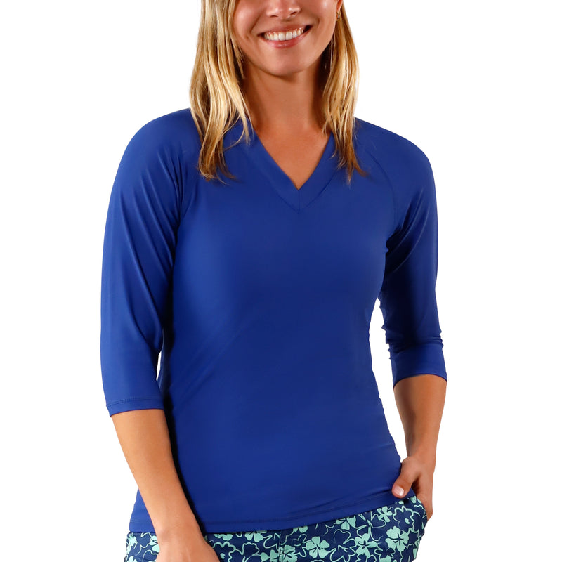 Women's front  V-Neck Sun & Swim Shirt in Navy Blue|navy-blue