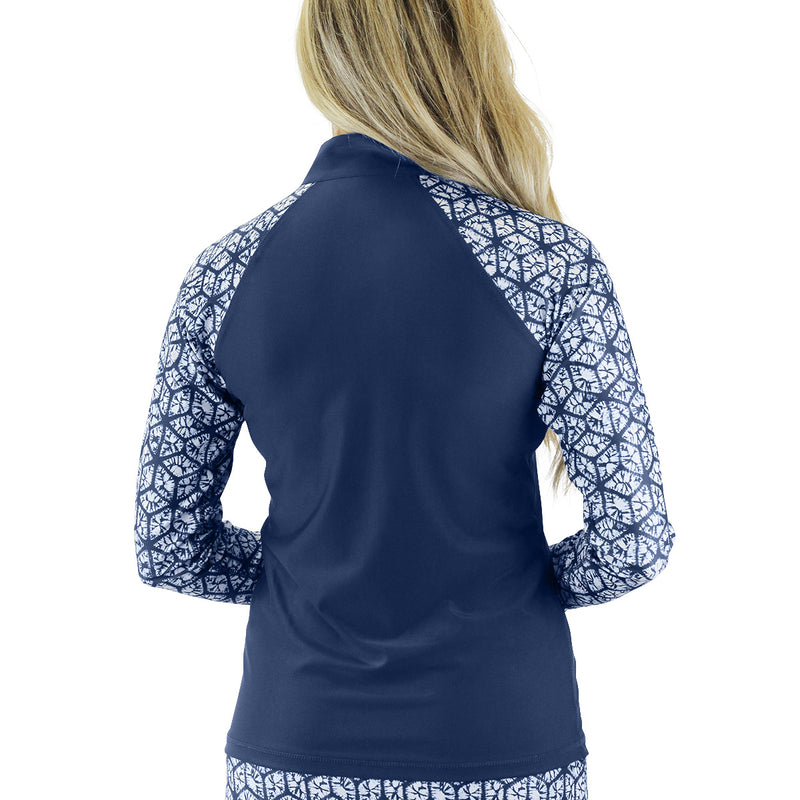 back of the women’s long sleeve quarter zip swim shirt in shibori tie dye|shibori-tie-dye