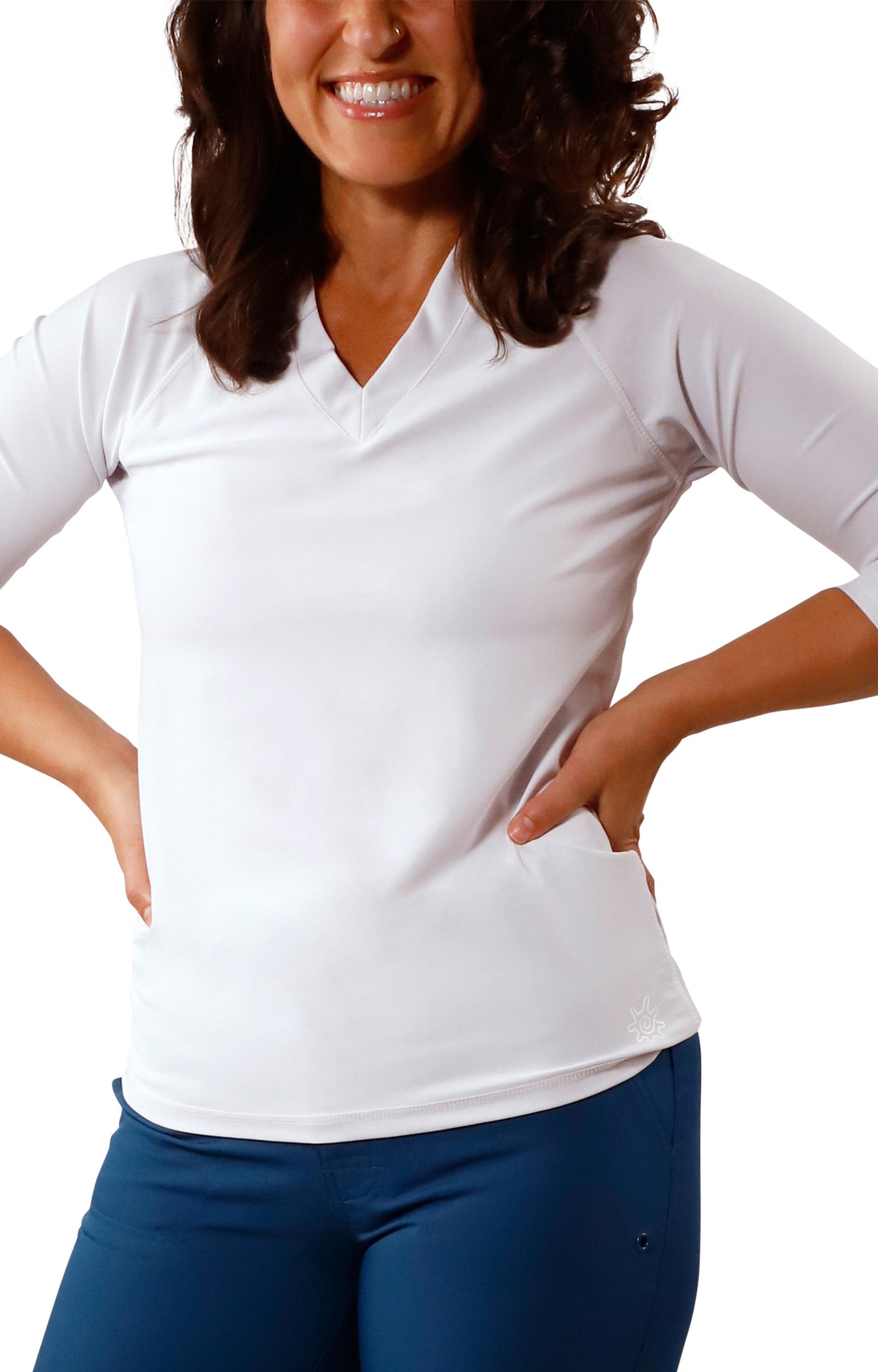 Women's front V-Neck Sun & Swim Shirt in White|white