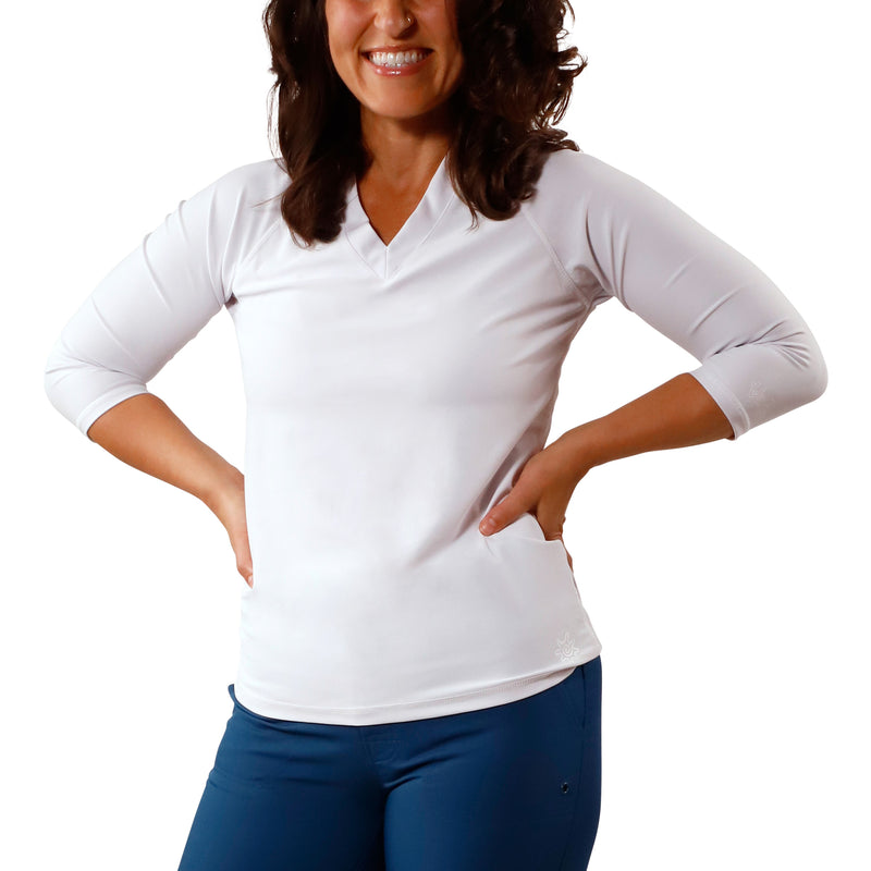 Women's front V-Neck Sun & Swim Shirt in White|white
