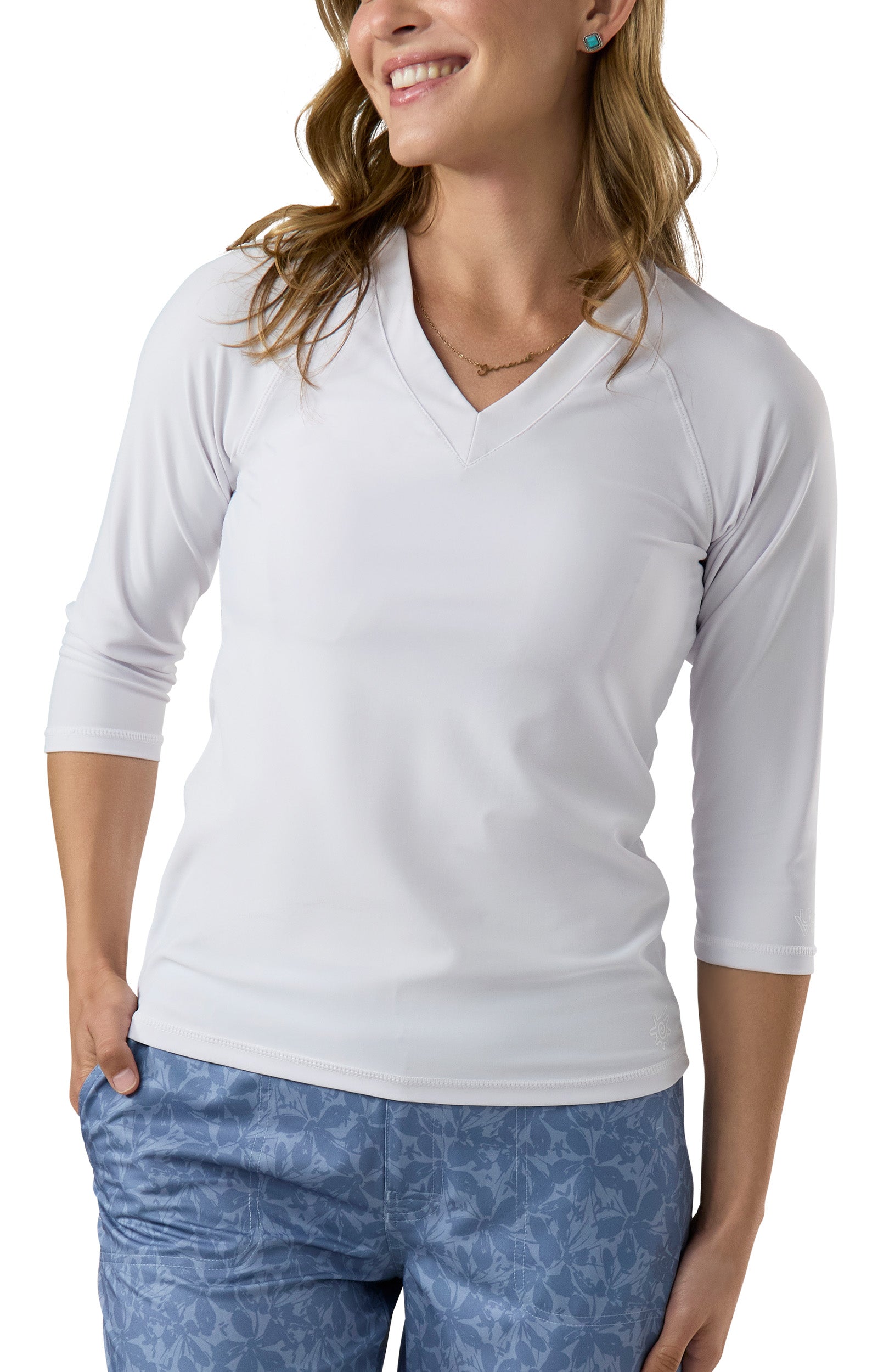 Women's front V-Neck Sun & Swim Shirt in White|white