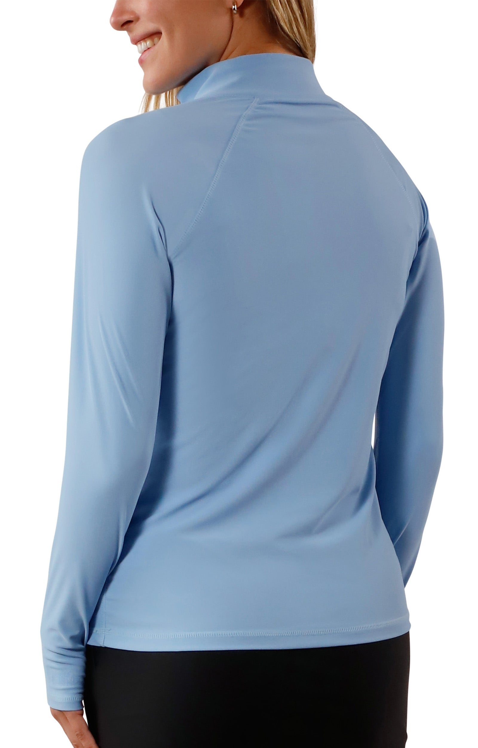 women’s back long sleeve quarter zip swim shirt in clear sky|clear-sky