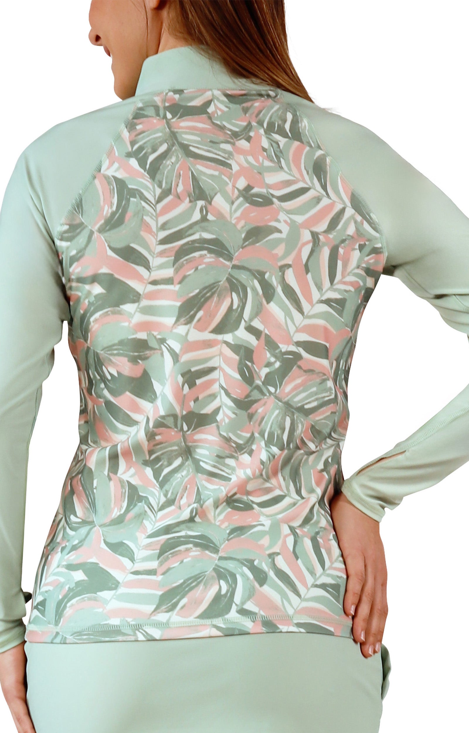 back view of women's long sleeve quarter zip sun & swim shirt in island canopy|island-canopy
