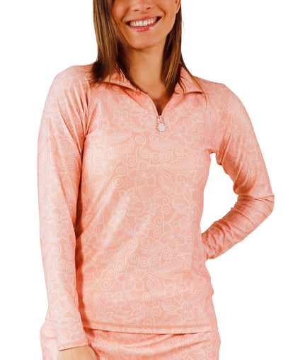 front of womens LS Quarter Zip Sun & Sun Swim Shirt|traced-hibiscus
