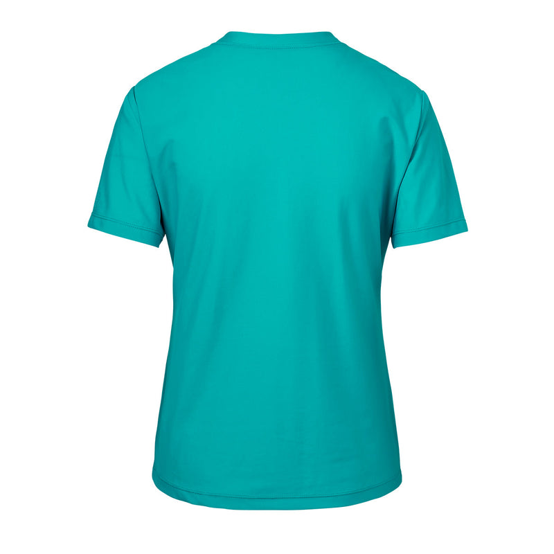 Back of the women's quarter zip crew swim shirt in teal|teal