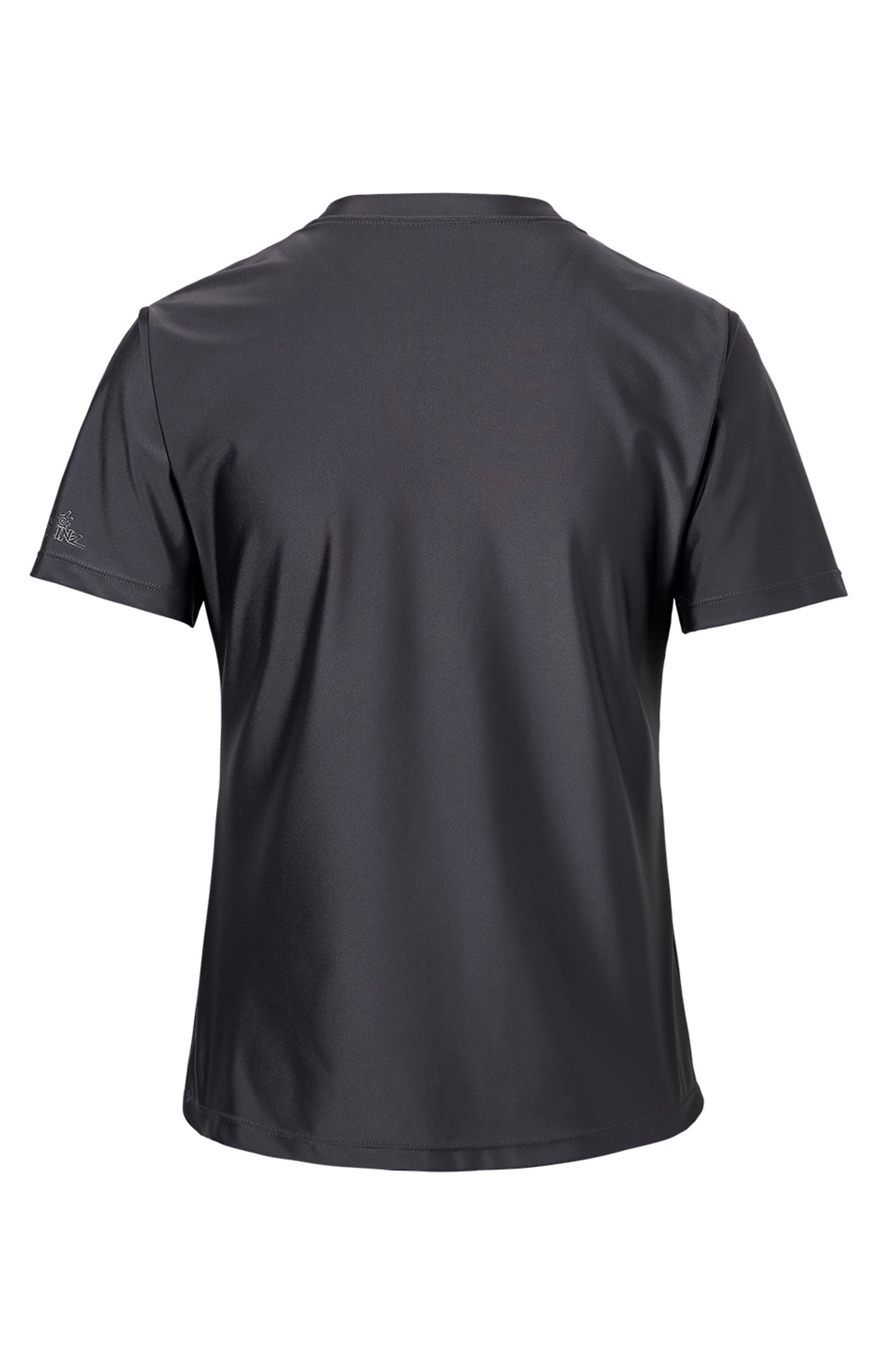 Back of the women's quarter zip crew swim shirt in charcoal|charcoal
