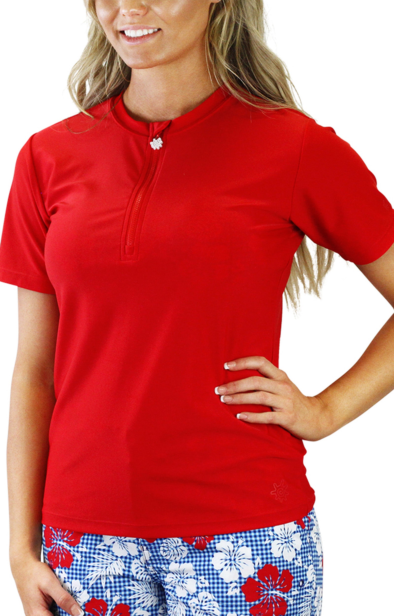 Front of UV Skinz's women's quarter zip crew swim shirt in dark red|dark-red