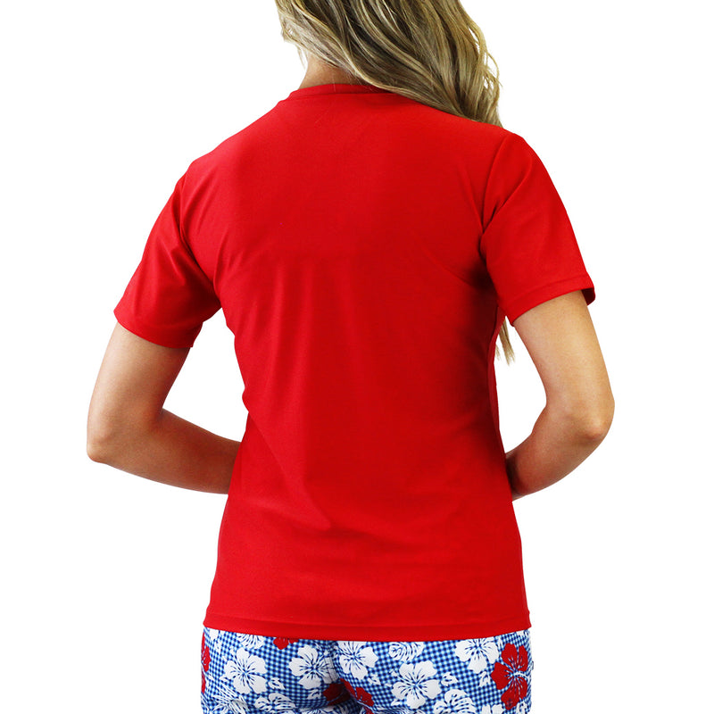 Back of UV Skinz's women's quarter zip crew swim shirt in dark red|dark-red
