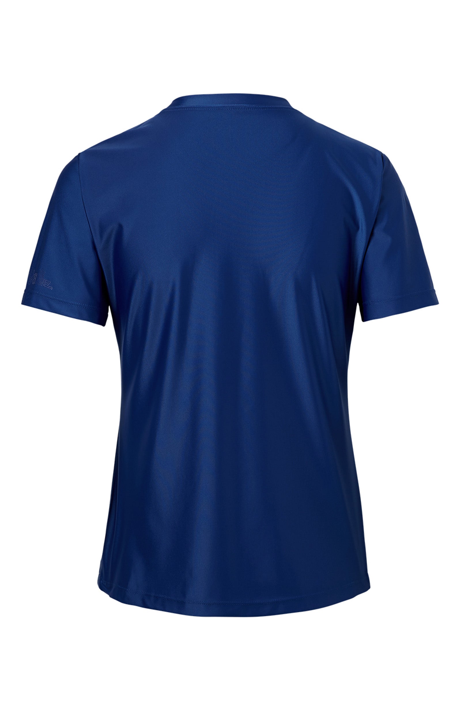 Back of the women's quarter zip crew swim shirt in navy blue|navy-blue