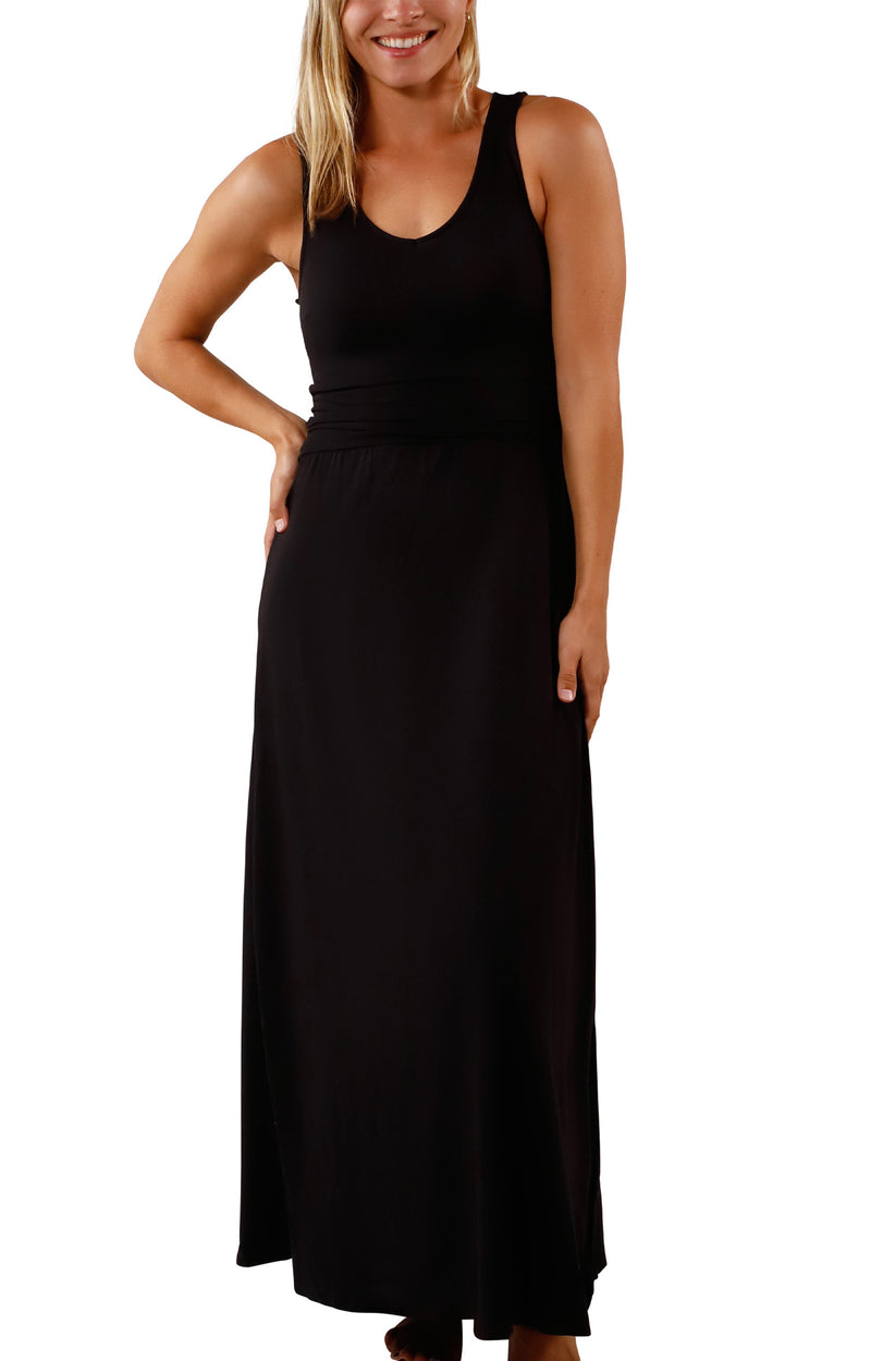 woman's front v-neck maxi dress in black|black