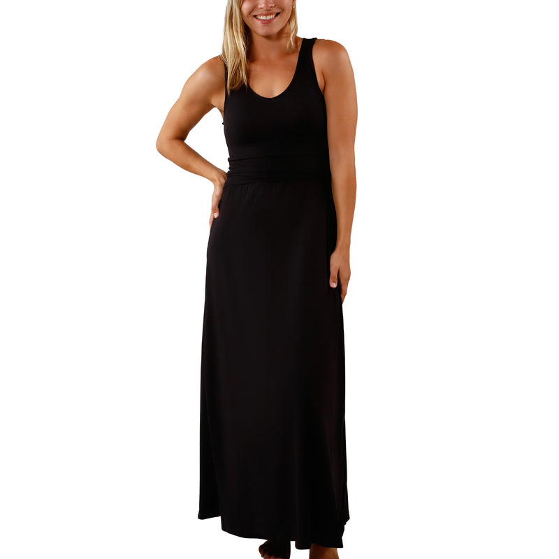 woman's front v-neck maxi dress in black|black