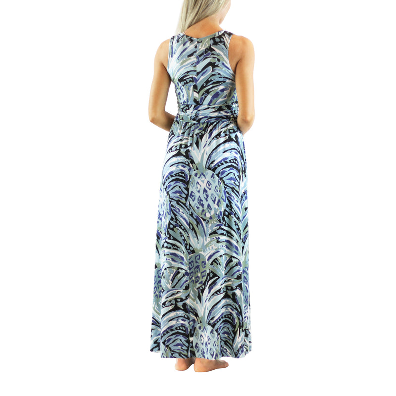woman's v-neck maxi dress in black painted pineapple|black-painted-pineapple