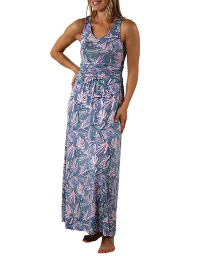 women's v-neck maxi dress in pastel palms|pastel-palms