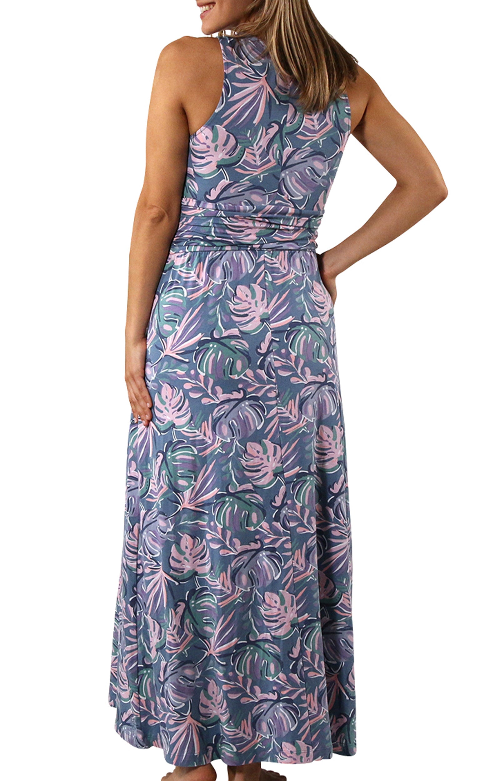 women's v-neck maxi dress in pastel palms|pastel-palms