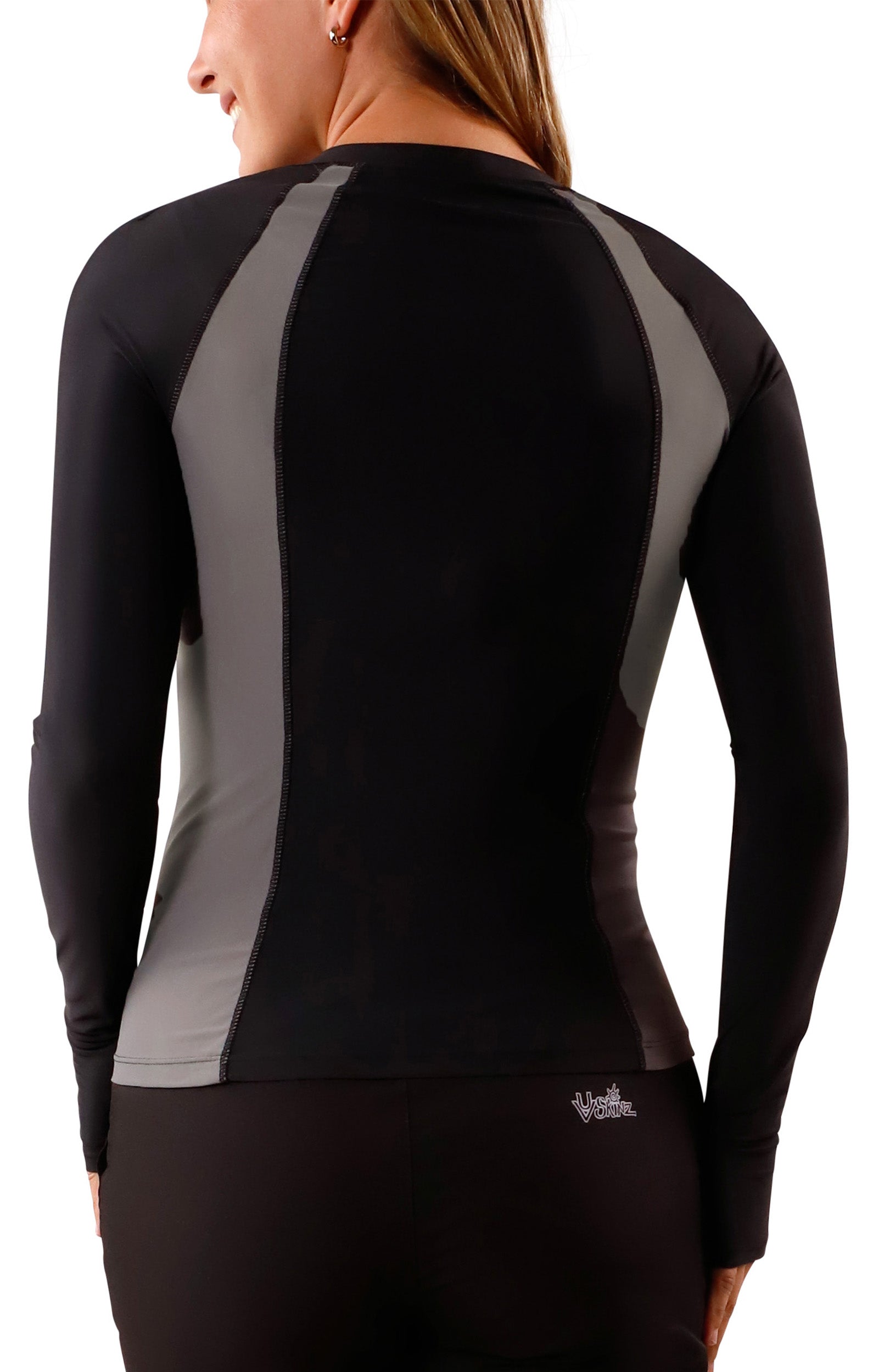 women's back long sleeve rash guard in black|black