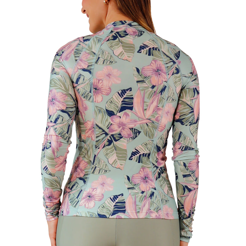 back view of womens long sleeve full zip rashguard|kona-hibiscus