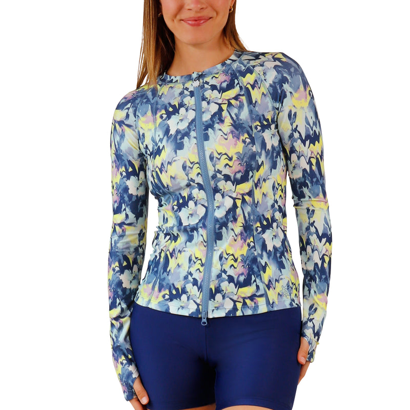womens long sleeve full zip rashguard|marbled-floral