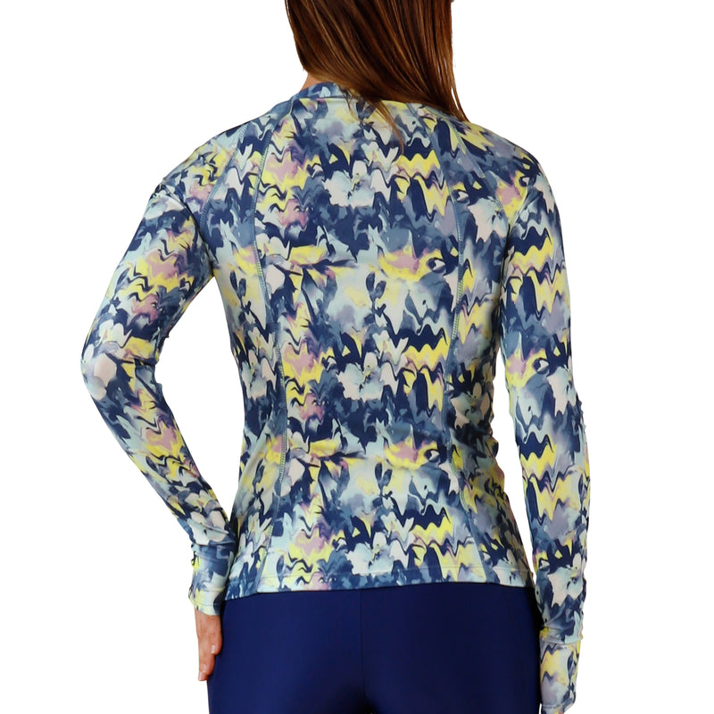 back view of womens long sleeve full zip rashguard|marbled-floral