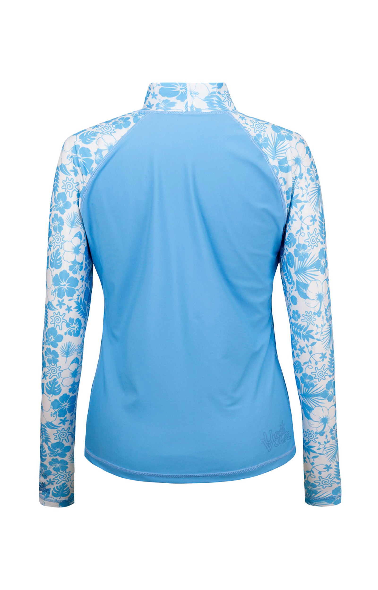 Back of the Women's Aloha Long Sleeve Sun & Swim Shirt in Sky Blue Aloha|sky-blue-aloha