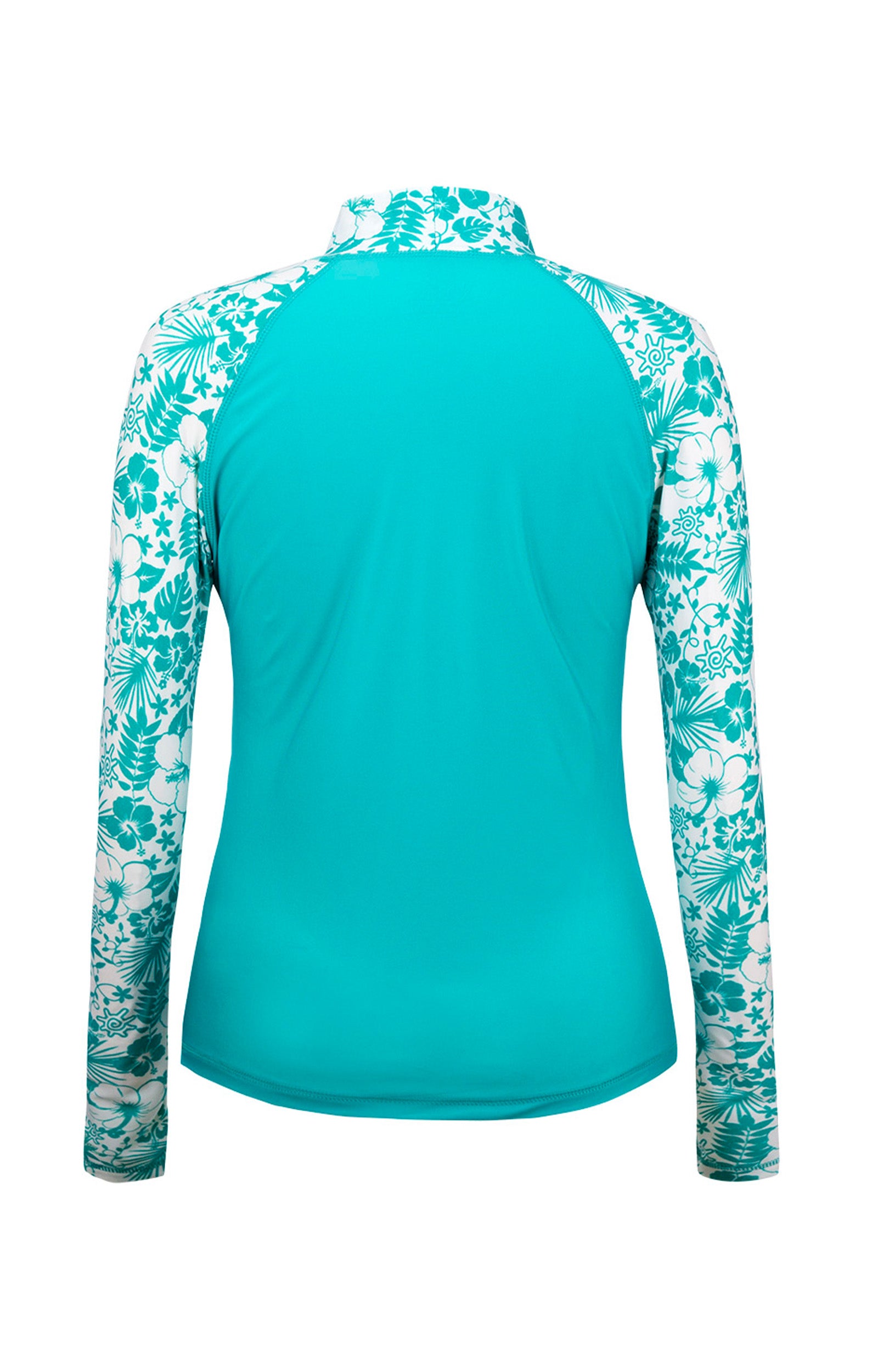 Back of the Women's Aloha Long Sleeve Sun & Swim Shirt in Teal Aloha|teal-aloha