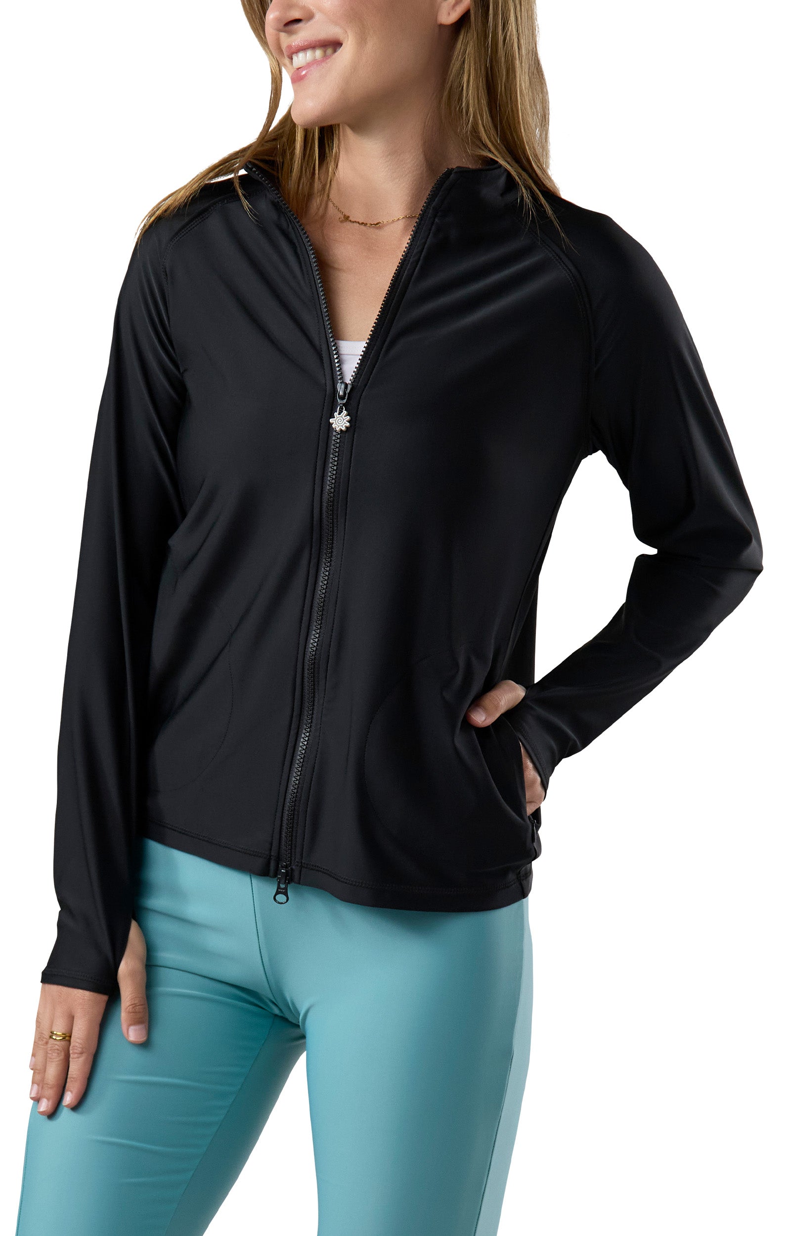 back of the women's swim jacket in black|black