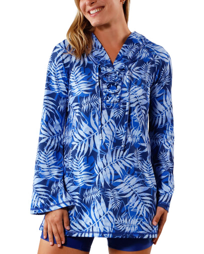 Women's Hooded Beach Cover Up in Navy Blue Palms|navy-blue-palms