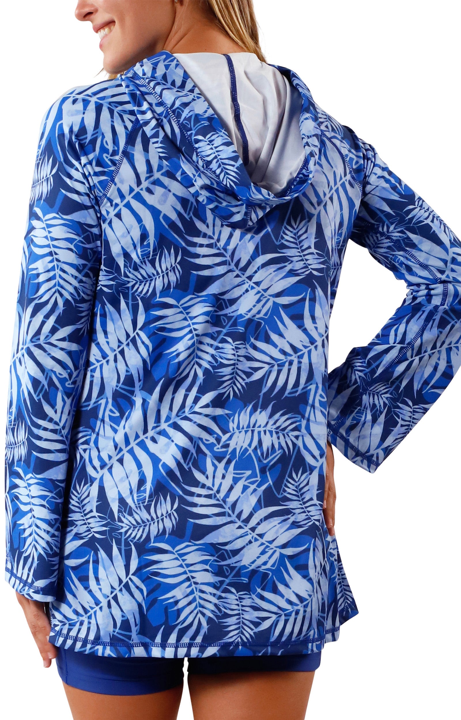 back view of Women's Hooded Beach Cover Up in Navy Blue Palms|navy-blue-palms