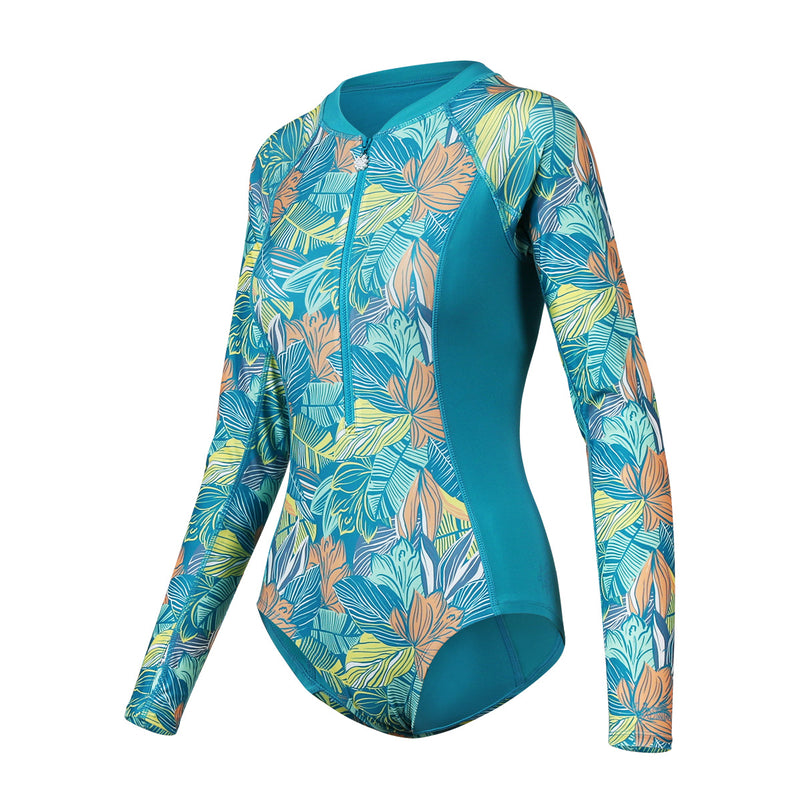 women's long sleeve swimsuit with UPF side view in caribbean tropics|caribbean-tropics