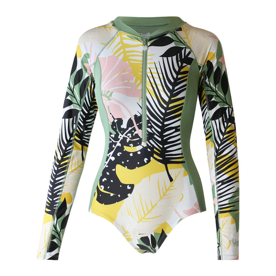 women's long sleeve swimsuit with UPF in forest botanical|forest-botanical