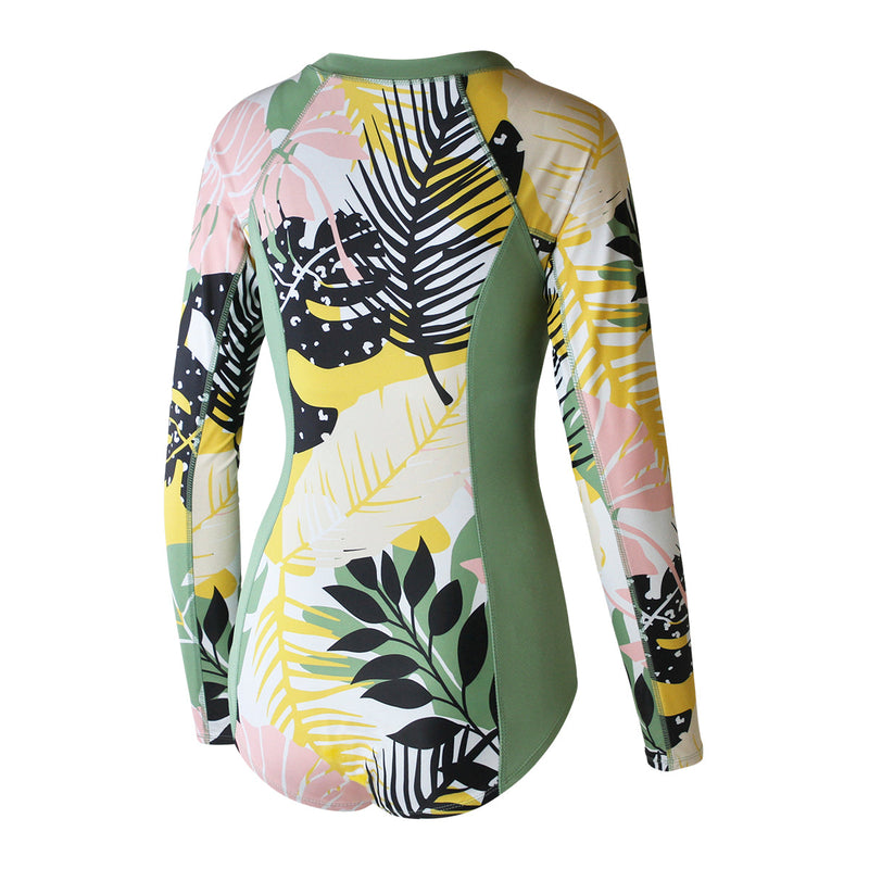back of the women's long sleeve swimsuit with UPF in forest botanitcal|forest-botanical