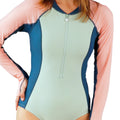 front of womens LS half zip swimsuit|frosty-green-colorblock