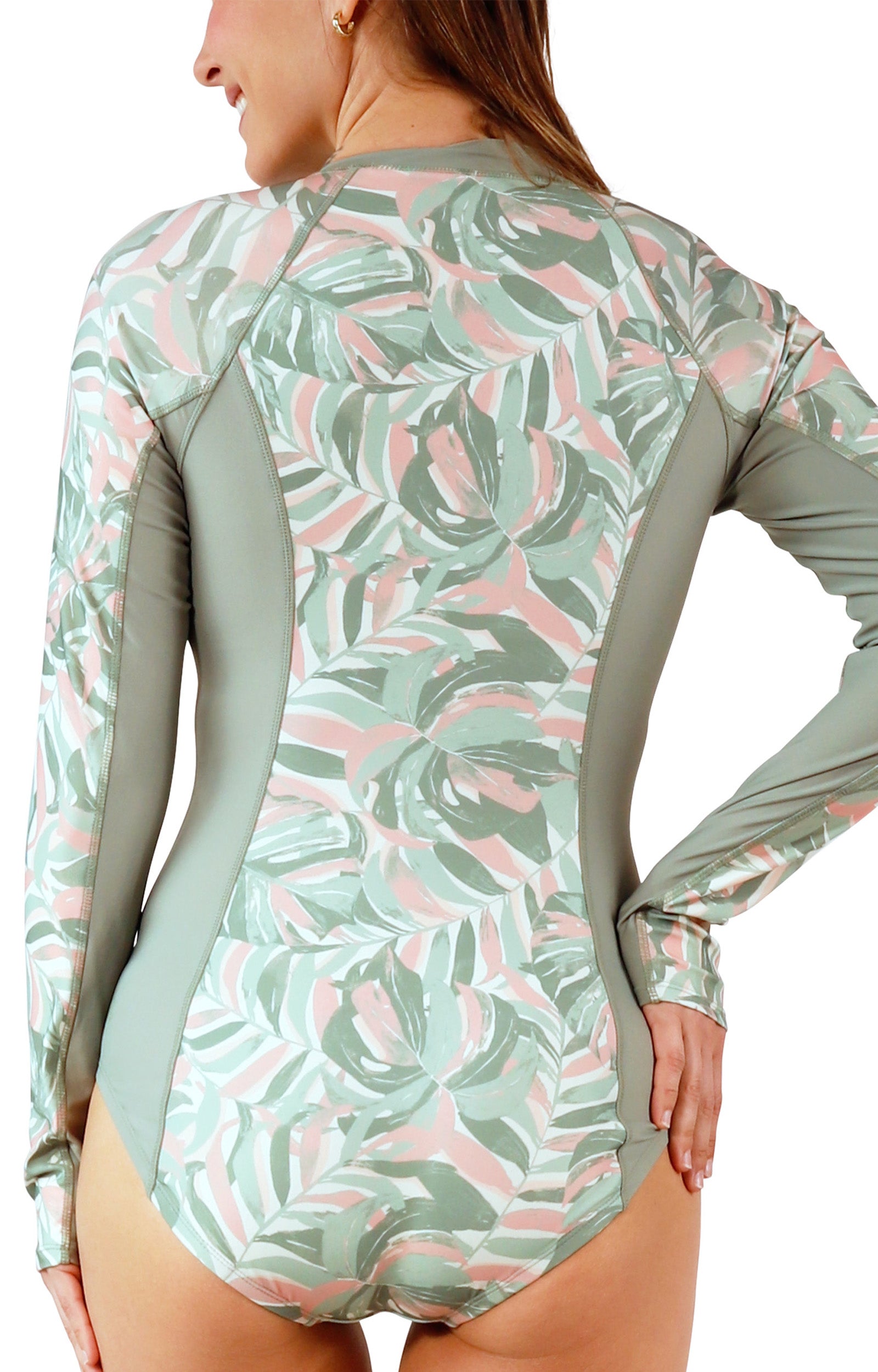 back of womens LS half zip swimsuit|island-canopy