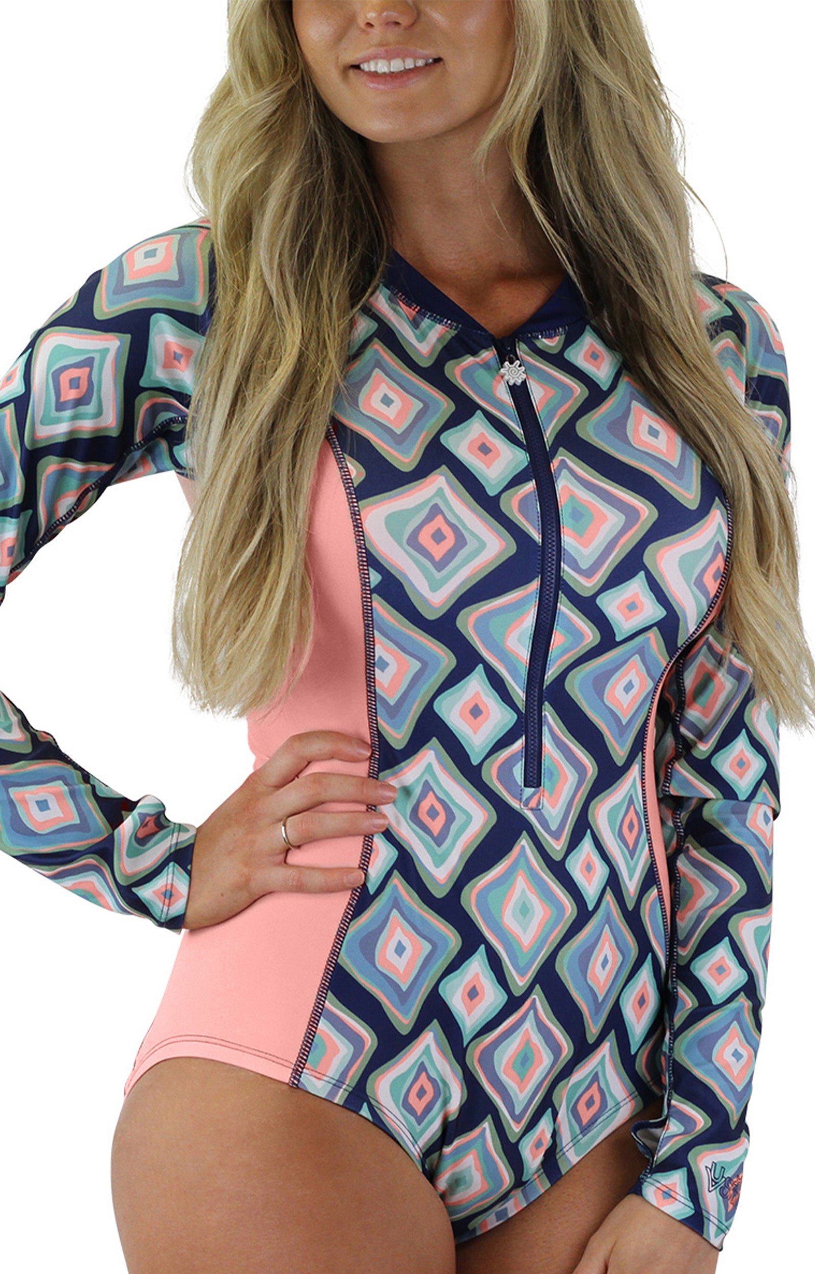 women's long sleeve swimsuit with UPF in retro diamonds|retro-diamonds