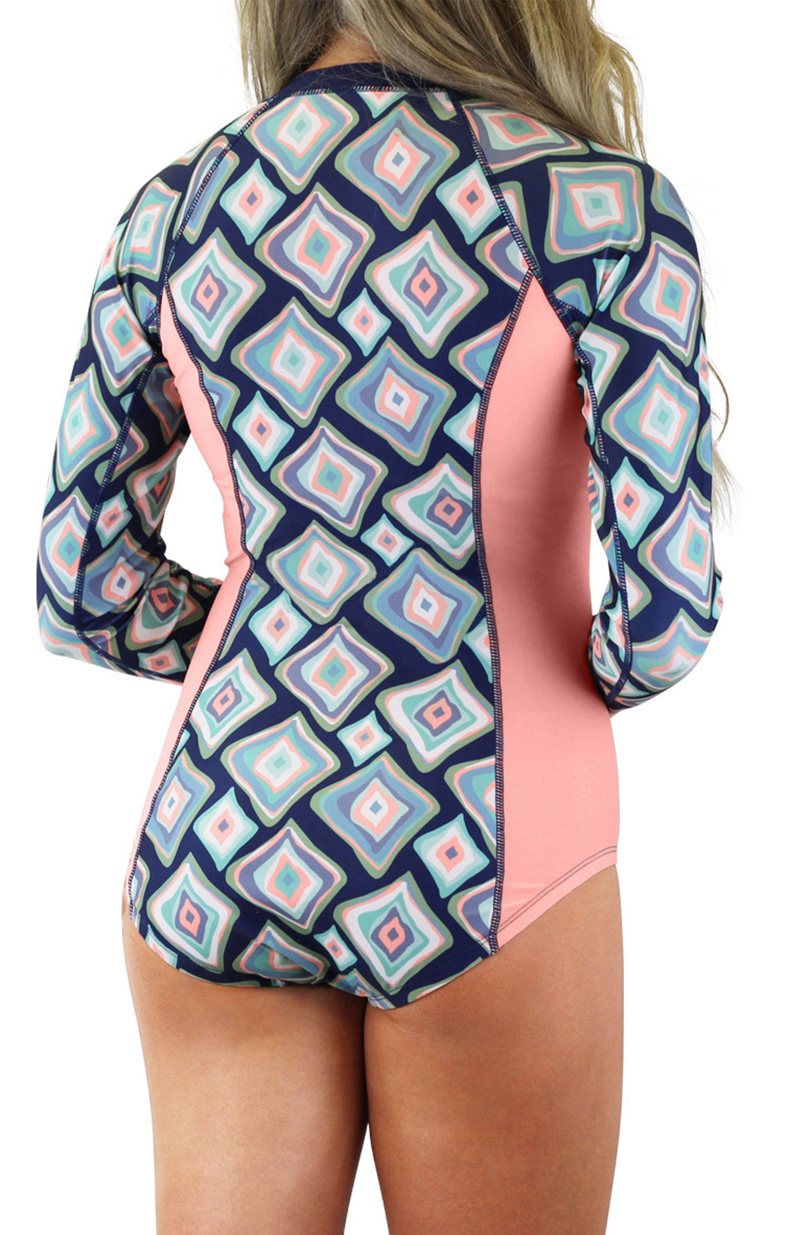 back of the women's long sleeve swimsuit with UPF in retro diamonds|retro-diamonds