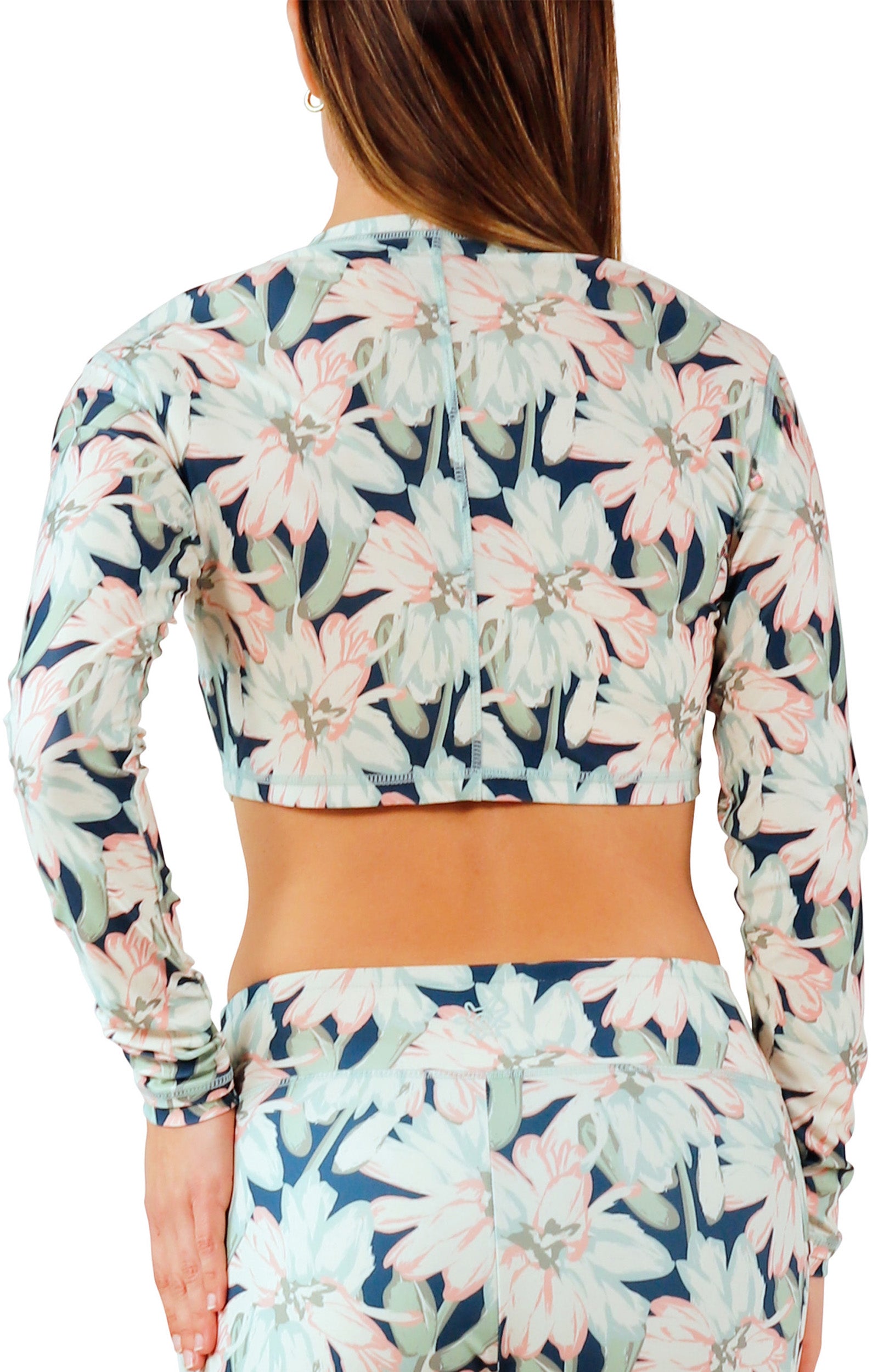back view of women's active swim shrug in nightfall bloom|nightfall-bloom
