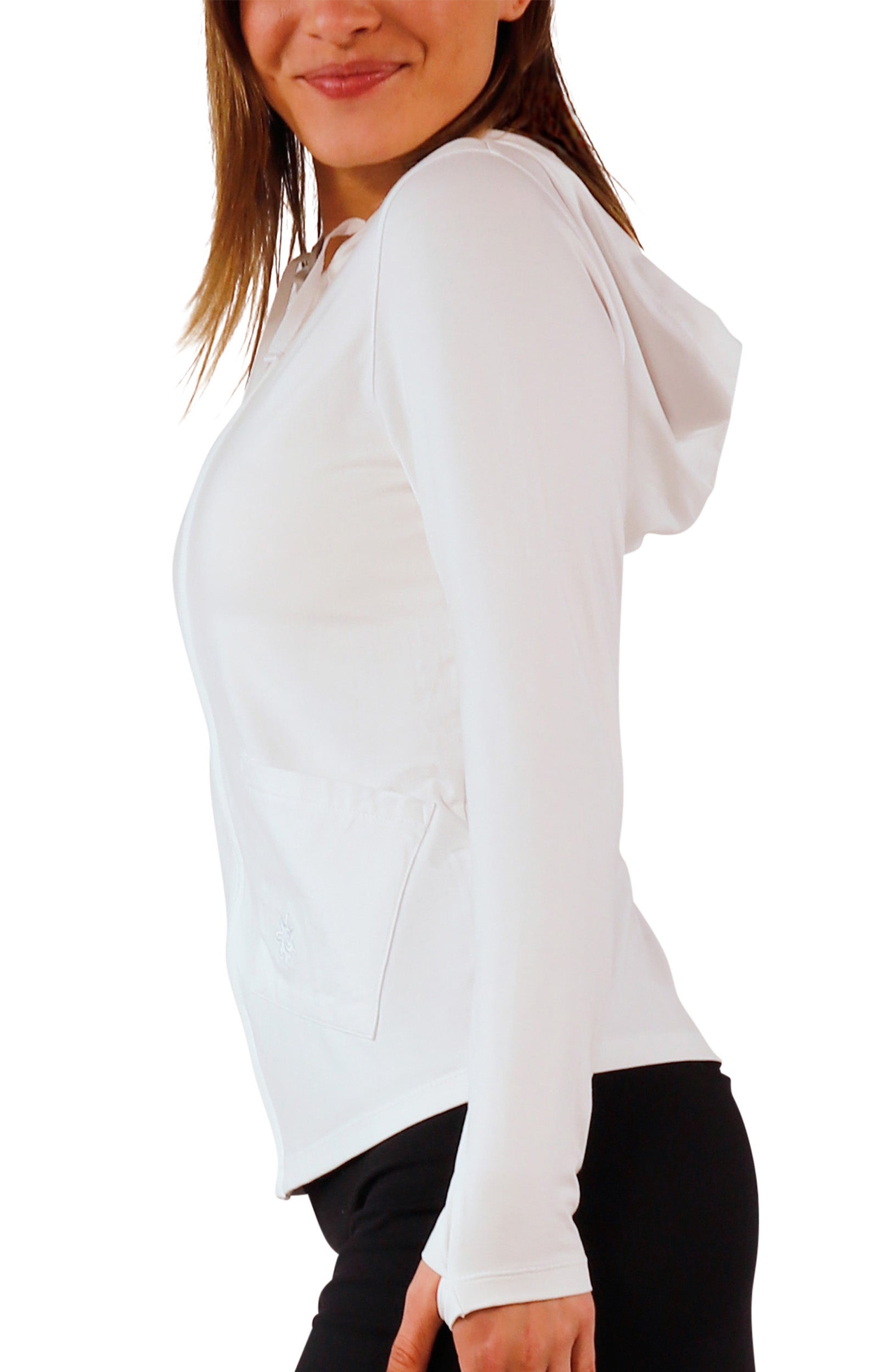 side view of women's hooded everyday jacket in white|white