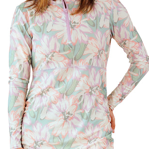 woman in women's convertible swim shirtdress in aurora bloom|aurora-bloom
