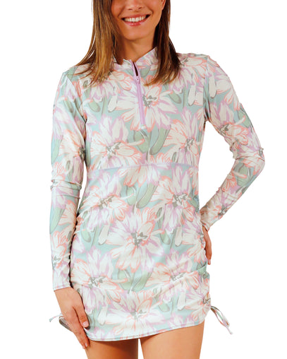 woman in women's convertible swim shirtdress in aurora bloom|aurora-bloom