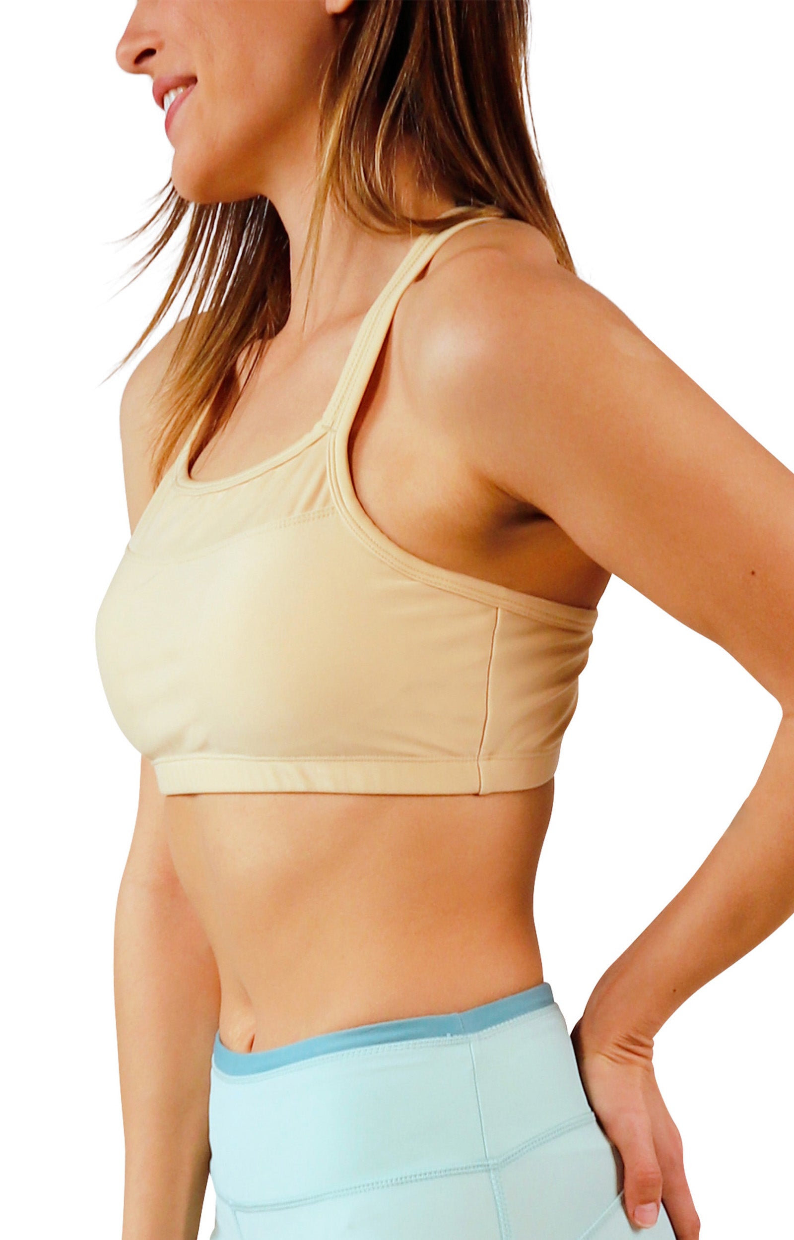 side of womens crisscross swim bra|beige